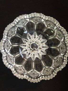 Vintage Cut Glass Crystal Bowl Sawtooth Rim Starburst Pattern Pressed Glass Dish